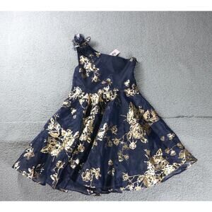 New Marchesa Notte Dress Girls 12 Blue Gold Floral One Shoulder Formal Lined USA